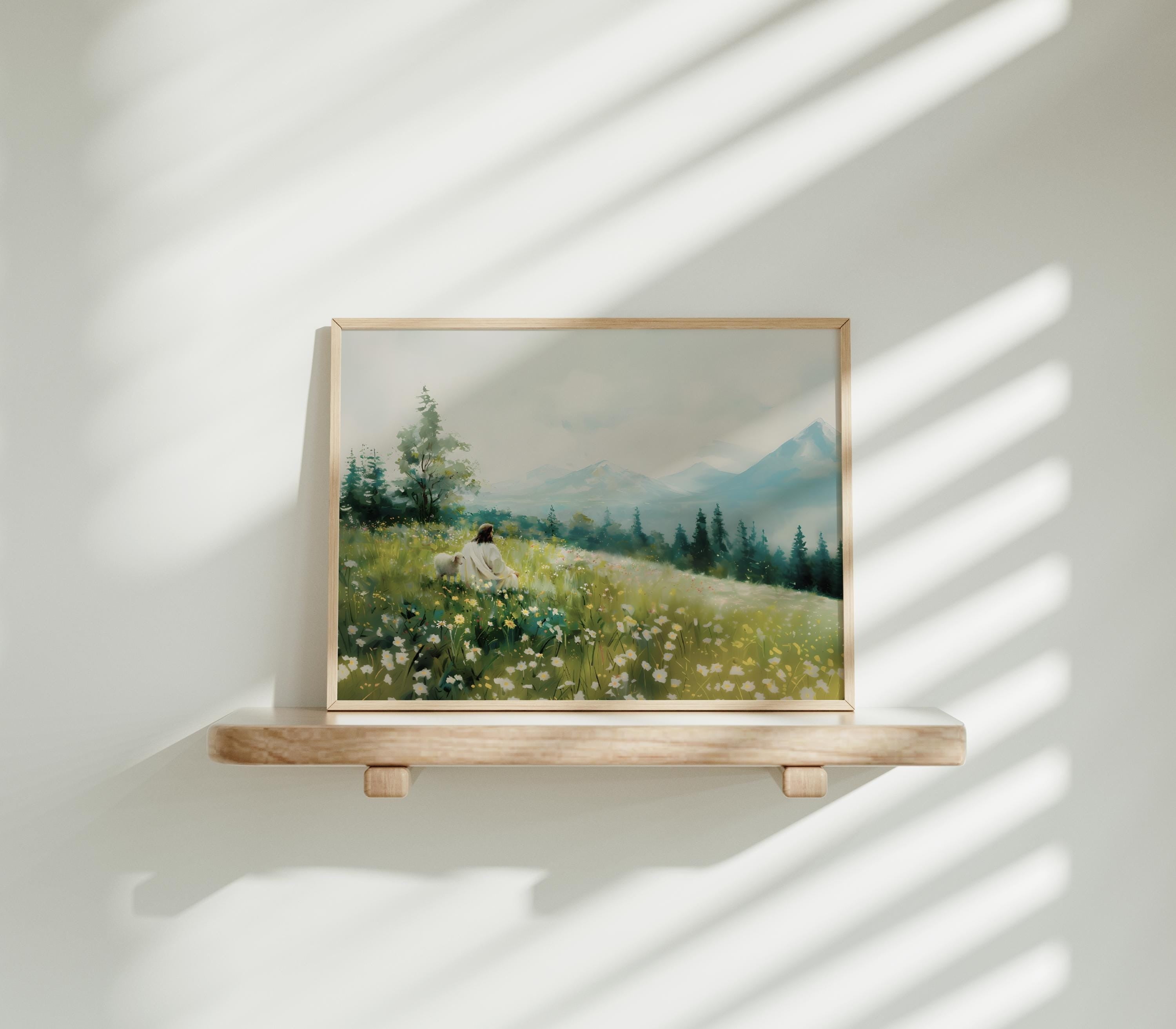 Jesus Leaves the 99 Sheep Poster, Jesus Landscape Wall Art, Christian Landscape Art, Christ Jesus lamb Wall Art, Christian Poster